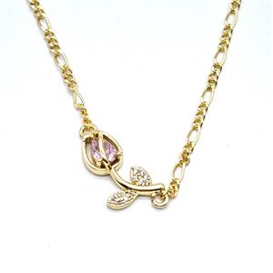 Copper Tulip Flower Necklace Pave Zirconia Gold Plated, approx 7-17mm, 2mm, 40-45cm length
