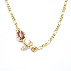 Copper Tulip Flower Necklace Pave Zirconia Gold Plated, approx 7-17mm, 2mm, 40-45cm length
