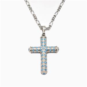 Copper Cross Necklace Pave Turq Zirconia Platinum Plated, approx 20-27mm, 2mm, 40-45cm length