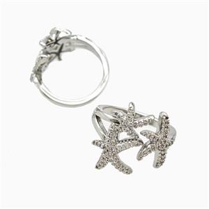 Copper Starfish Rings Pave Zirconia Platinum Plated, approx 14-19mm, 18mm dia