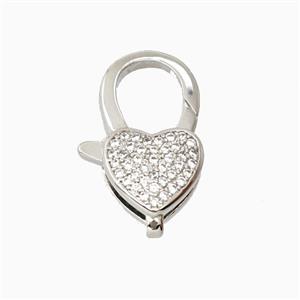 Copper Heart Lobster Clasp Pave Zirconia Platinum Plated, approx 10-19mm
