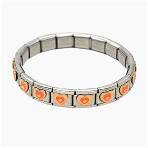 Raw Stainless Steel Module Bracelet With Heart Orange Enamel, approx 9-10mm, 17cm length