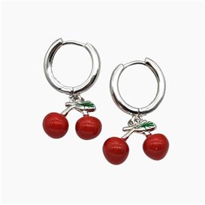 Copper Cherry Hoop Earrings Red Enamel Platinum Plated, approx 10-15mm, 14mm dia