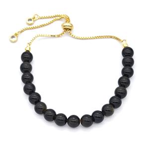 Black Dye Agate Bracelet Adjustable Copper Gold Plated, approx 6mm