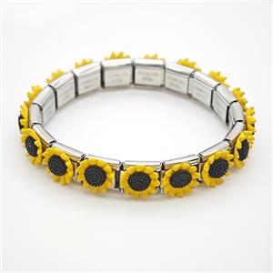 Raw Stainless Steel Module Bracelet Pave Resin Sunflower, approx 9-10mm, 17cm length