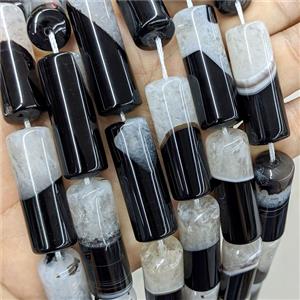 Agate Druzy Column Beads Tube Black White Dye, approx 14-40mm, 10pcs per st