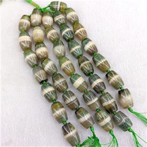 Natural Tibetan Agate Barrel Beads Green Dye, approx 17-25mm, 7pcs per st