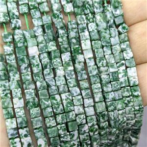 Green Dalmatian Jasper Cube Beads, approx 4mm