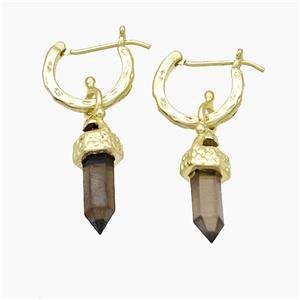 Copper Leaveback Earrings With Smoky Quartz Gold Plated, approx 4-20mm, 14mm dia