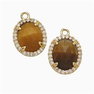 Tiger Eye Stone Oval Pendant Copper Pave Zirconia Gold Plated, approx 11-13mm