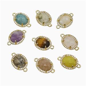 Mixed Gemstone Oval Connector Copper Pave Zirconia Gold Plated, approx 11-13mm