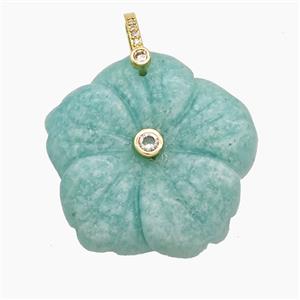 Natural Green Amazonite Flower Pendant Pave Zirconia Carved, approx 30mm