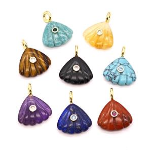 Natural Gemstone Scallop Shell Pendant Pave Zirconia Mixed, approx 22mm