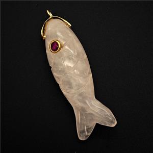 Pink Rose Quartz Fish Pendant Pave Zirconia, approx 13-40mm