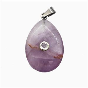 Purple Amethyst Teardrop Pendant Pave Zirconia, approx 18-25mm