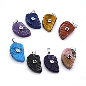 Natural Gemstone Leaf Pendant Pave Zirconia Mixed, approx 15-22mm