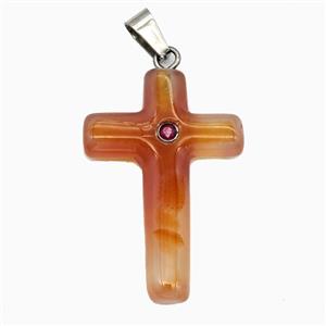 Red Carnelian Agate Cross Pendant Pave Zirconia, approx 28-40mm