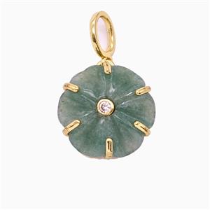 Green Aventurine Flower Pendant Pave Zirconia, approx 17mm