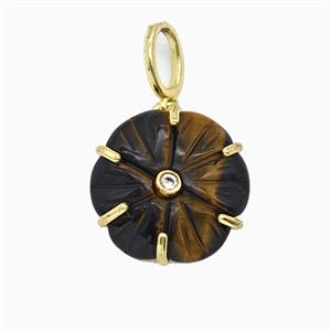 Tiger Eye Stone Flower Pendant Pave Zirconia, approx 17mm