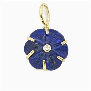 Blue Lapis Lazuli Flower Pendant Pave Zirconia, approx 17mm