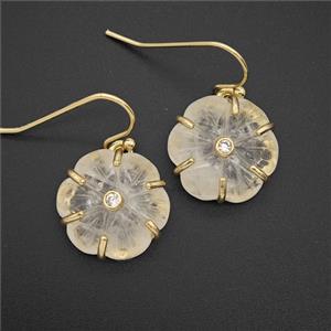 Clear Quartz Flower Hook Earrings Pave Zirconia Gold Plated, approx 17mm