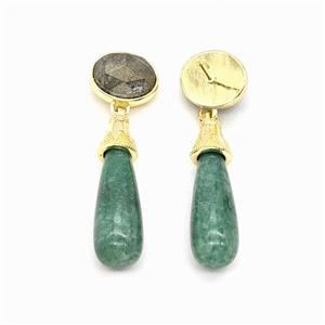 Green Aventurine Teardrop Stud Earrings Gold Plated, approx 8-25mm, 9-11mm