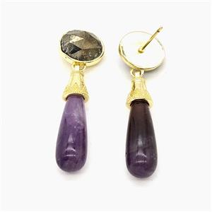 Purple Amethyst Teardrop Stud Earrings Gold Plated, approx 8-25mm, 9-11mm