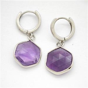 Purple Amethyst Copper Hoop Earrings Hexagon Platinum Plated, approx 15mm, 14mm dia