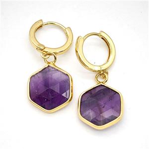 Purple Amethyst Copper Hoop Earrings Hexagon Gold Plated, approx 15mm, 14mm dia