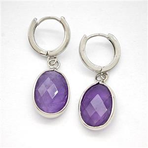 Purple Amethyst Copper Hoop Earrings Oval Platinum Plated, approx 12-16mm, 14mm dia