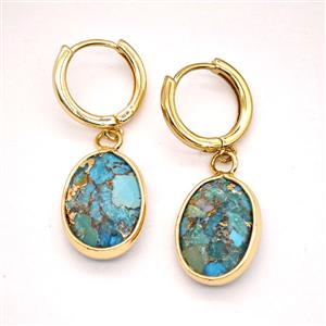 Mosaic Turquoise Copper Hoop Earrings Oval Gold Plated, approx 12-16mm, 14mm dia