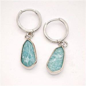 Green Amazonite Copper Hoop Earrings Teardrop Platinum Plated, approx 9-16mm, 14mm dia