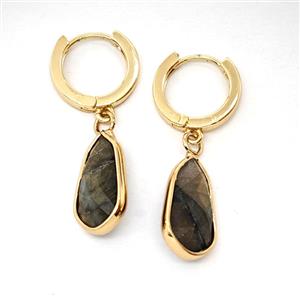 Labradorite Copper Hoop Earrings Teardrop Gold Plated, approx 9-16mm, 14mm dia
