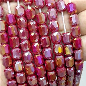 Red Jadeite Glass Barrel Beads Faceted Electroplated, approx 10-11mm, 38pcs per st