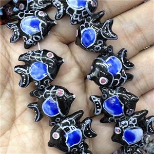 Porcelain Fish Beads Black Blue, approx 22mm