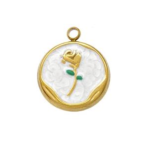 Stainless Steel Flower Pendant White Painted Gold Plated, approx 15mm