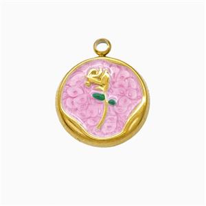 Stainless Steel Flower Pendant Pink Painted Gold Plated, approx 15mm