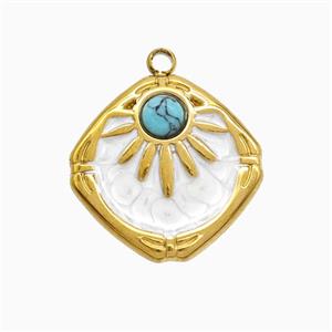 Stainless Steel Sun Pendant Pave Howlite White Painted Gold Plated, approx 16-18mm