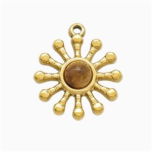 Stainless Steel Flower Pendant Pave Tigereye Gold Plated, approx 17mm