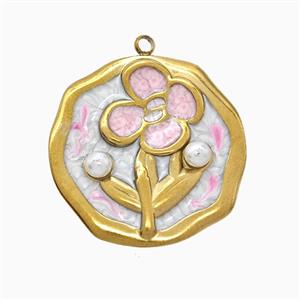 Stainless Steel Flower Pendant Pink Painted Gold Plated, approx 25mm