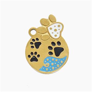 Stainless Steel Paws Pendant Black White Enamel Gold Plated, approx 12-17mm