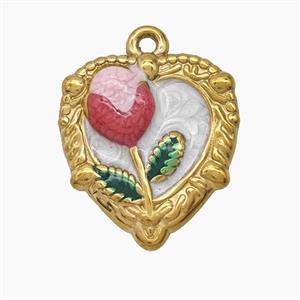 Stainless Steel Lichee Pendant Painted Heart Gold Plated, approx 18-20mm