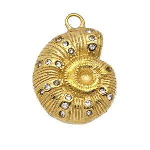 Stainless Steel Spiral Shell Pendant Pave Rhinestone Gold Plated, approx 16-19mm