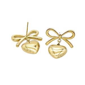 Stainless Steel Heart Bowknot Stud Earrings Gold Plated, approx 12mm, 12-19mm