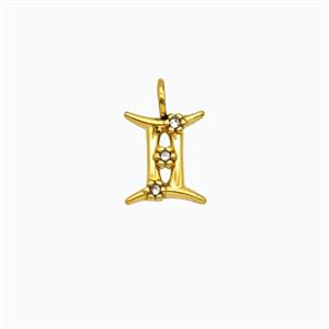 Stainless Steel Pendant Pave Rhinestone Zodiac Gemini Gold Plated, approx 8-9mm