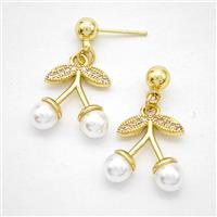 Copper Cherry Stud Earrings Pave Zirconia Pearlized Resin Gold Plated, approx 15mm, 5mm