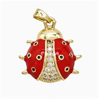 Copper Ladybug Pendant Pave Zirconia Red Enamel Gold Plated, approx 18-20mm