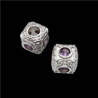 Copper Cube Beads Pave Zirconia Large Hole Shiny Silver, approx 10mm, 4mm hole