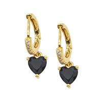 Copper Hoop Earrings Pave Black Heart Zirconia 18K Gold Plated, approx 6mm, 13mm dia