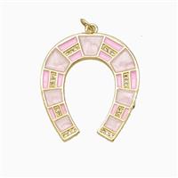 Copper Horse-Shoe Pendant Pave Zirconia Pink Enamel Gold Plated, approx 27-32mm